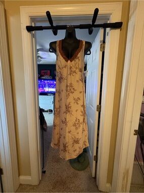 Floral Slip Dress with Lace Trim - Blush and Brown